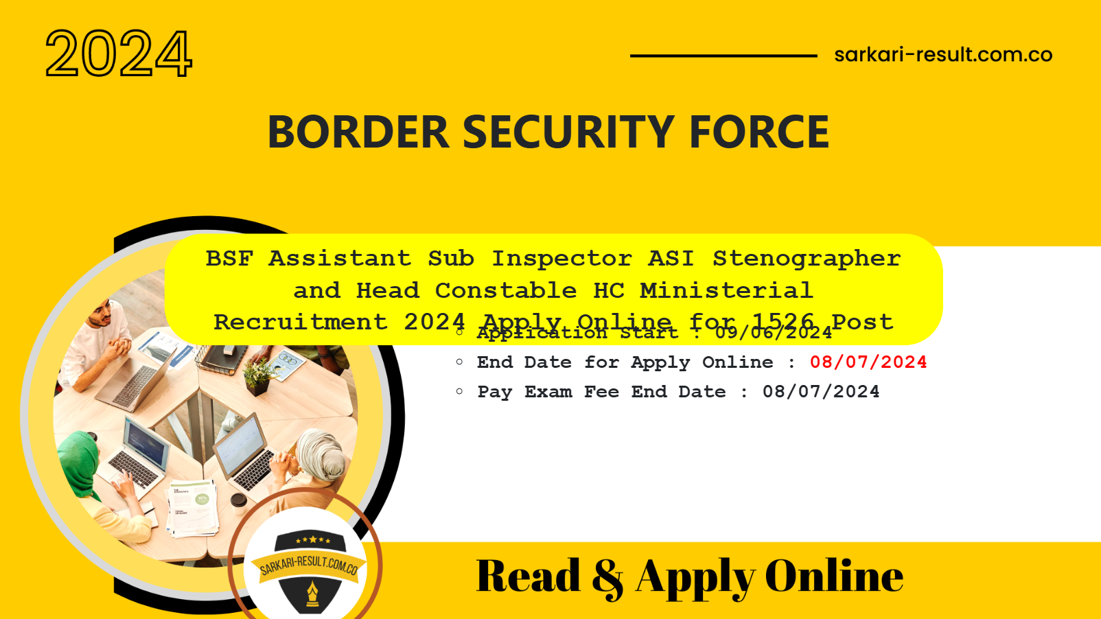 BSF HC Ministerial and ASI Steno Online Form 2024 for 1526 Post