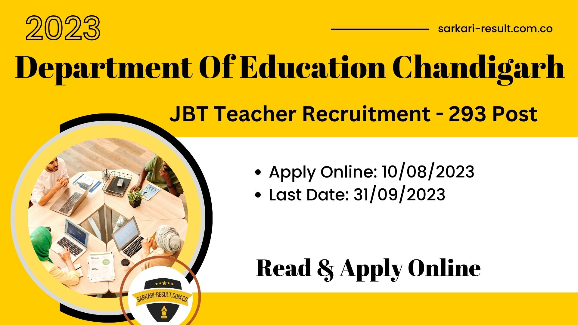 Chandigarh JBT Teacher Recruitment 2023 Apply Online for 293 Post