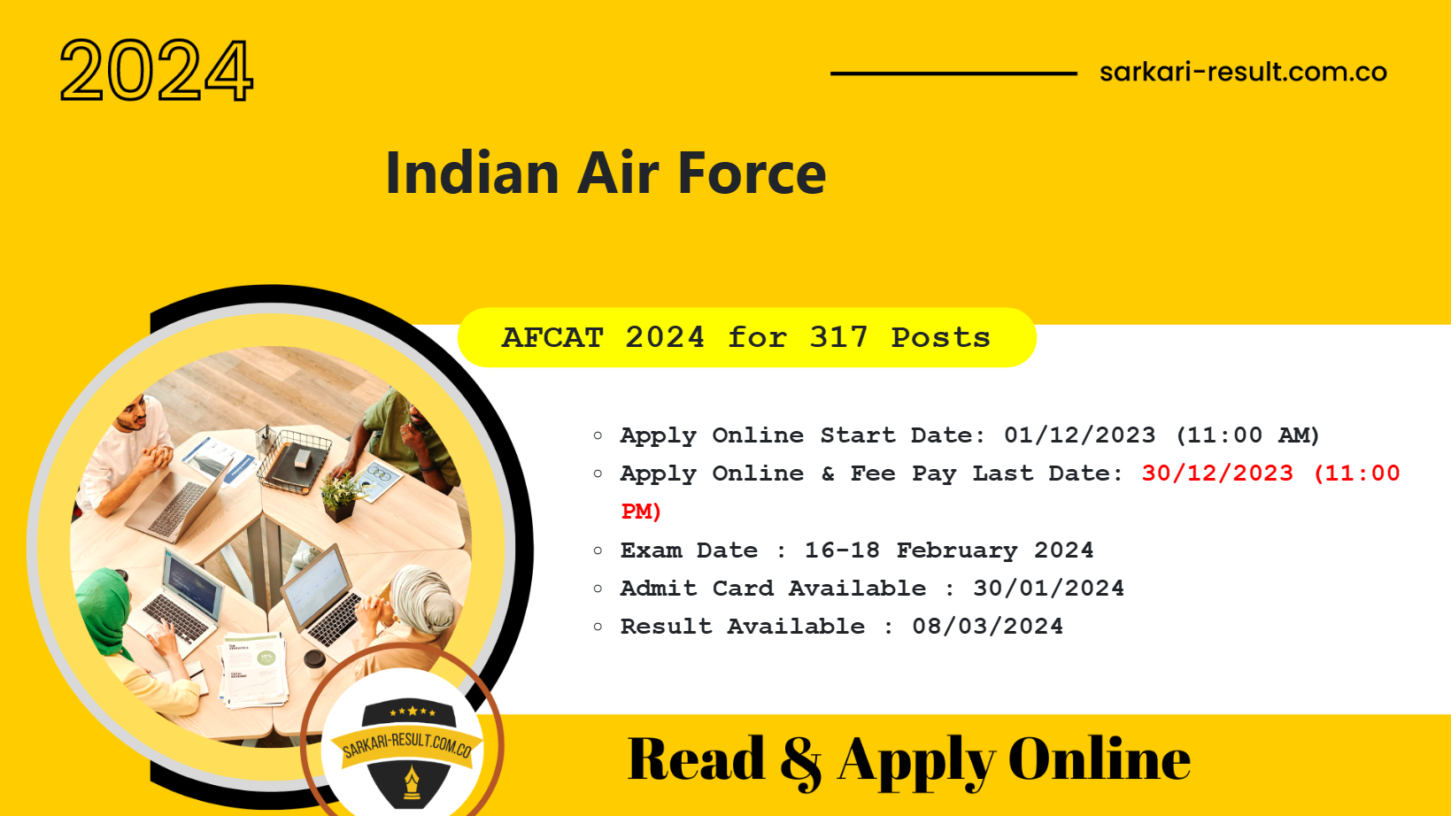 Indian Airforce AFCAT 01/2024 Batch Online Form 2023 for 317 Posts